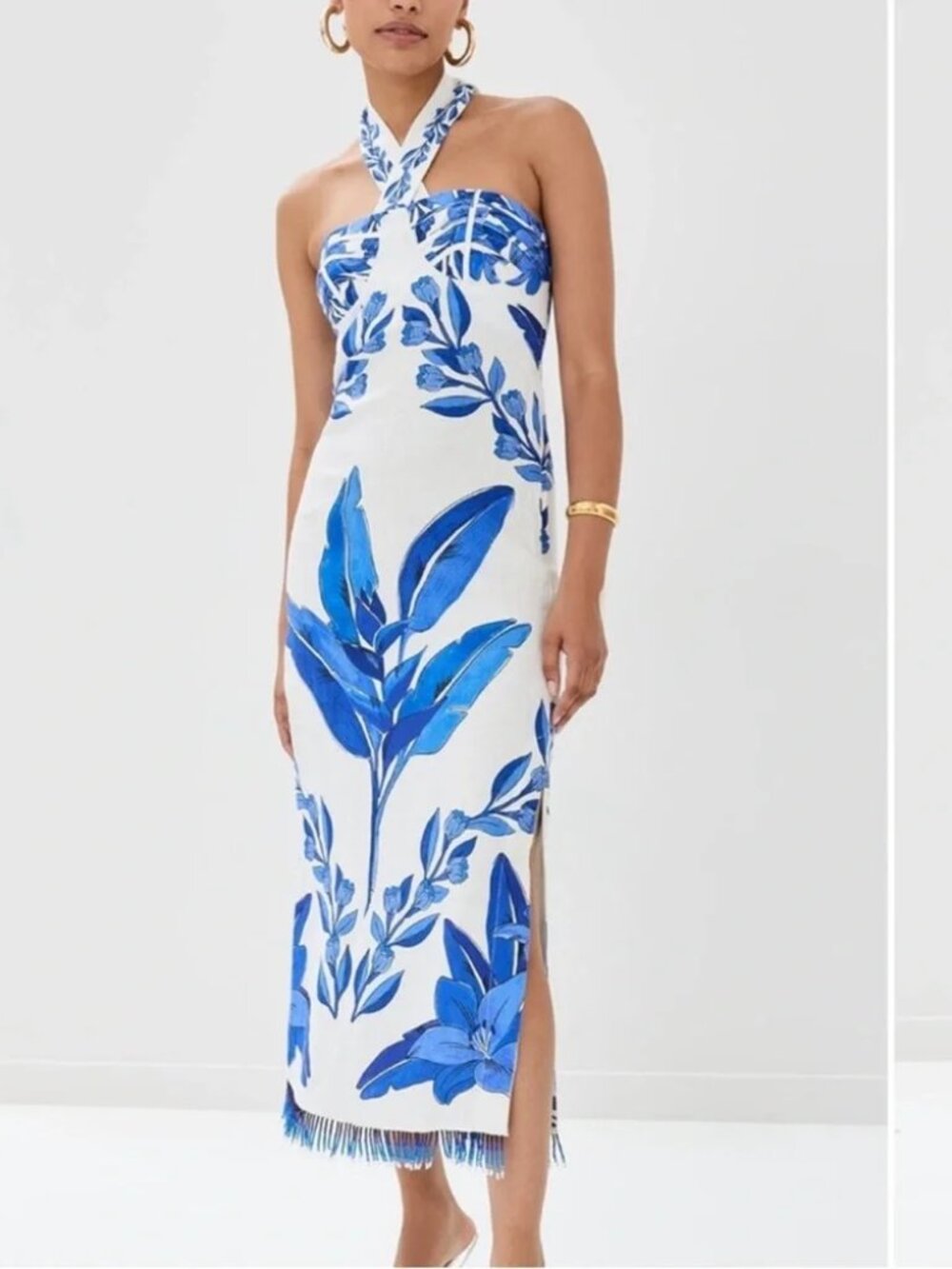 FARM Rio Halter Blue Yard Off-White Maxi Dress with Beaded Fringe - Picture 2 of 15